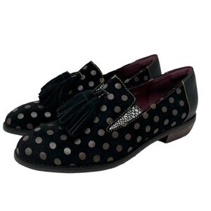 L’Artiste Spring Step Black Suede Polka Dot Tassel Shoes Size 7.5/8